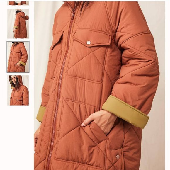 NWT Small Free People Kit Puffer Hooded Jacket Rust Olive Longline Quilted - Picture 3 of 4